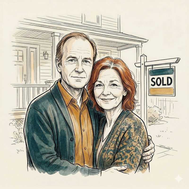 Illustration of Robert and Susan T. in front of their home with a sold sign