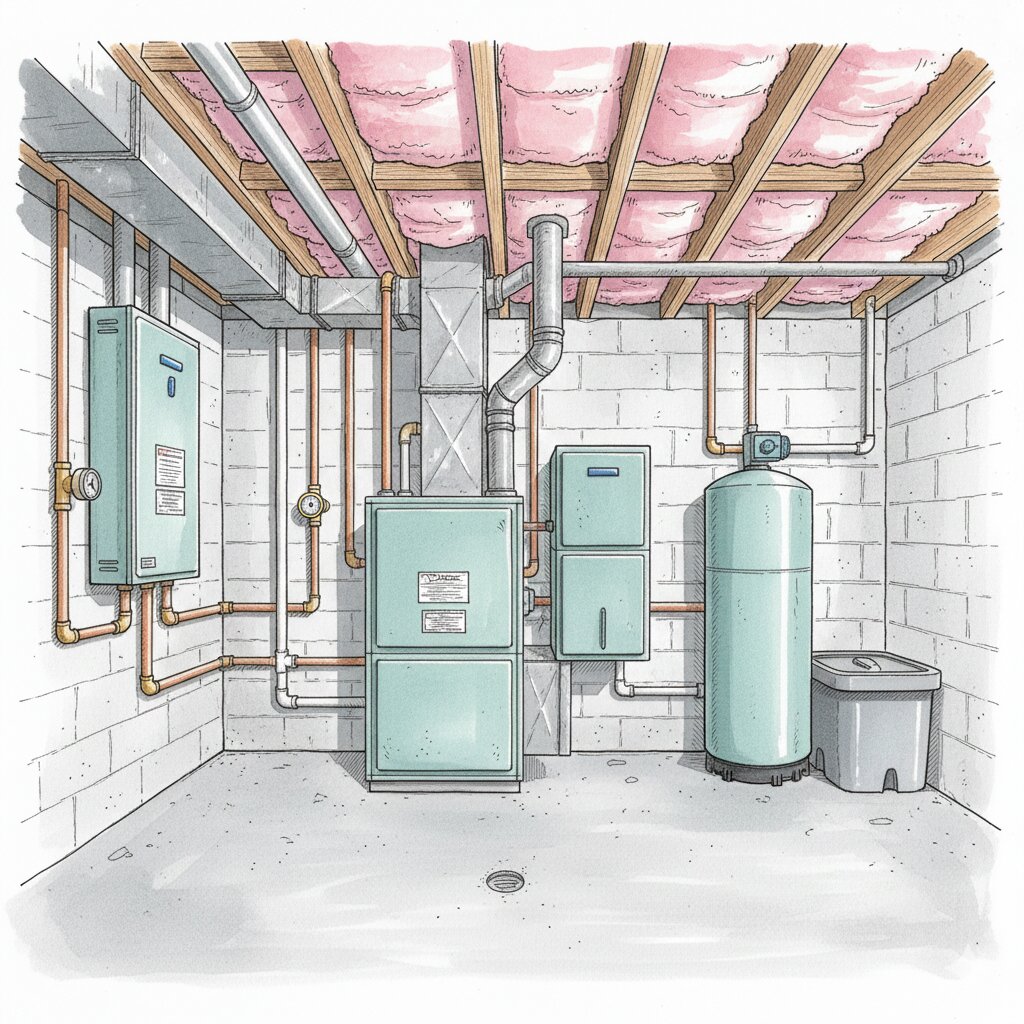 Illustration of a home utility room with tankless water heater, furnace, and water softener